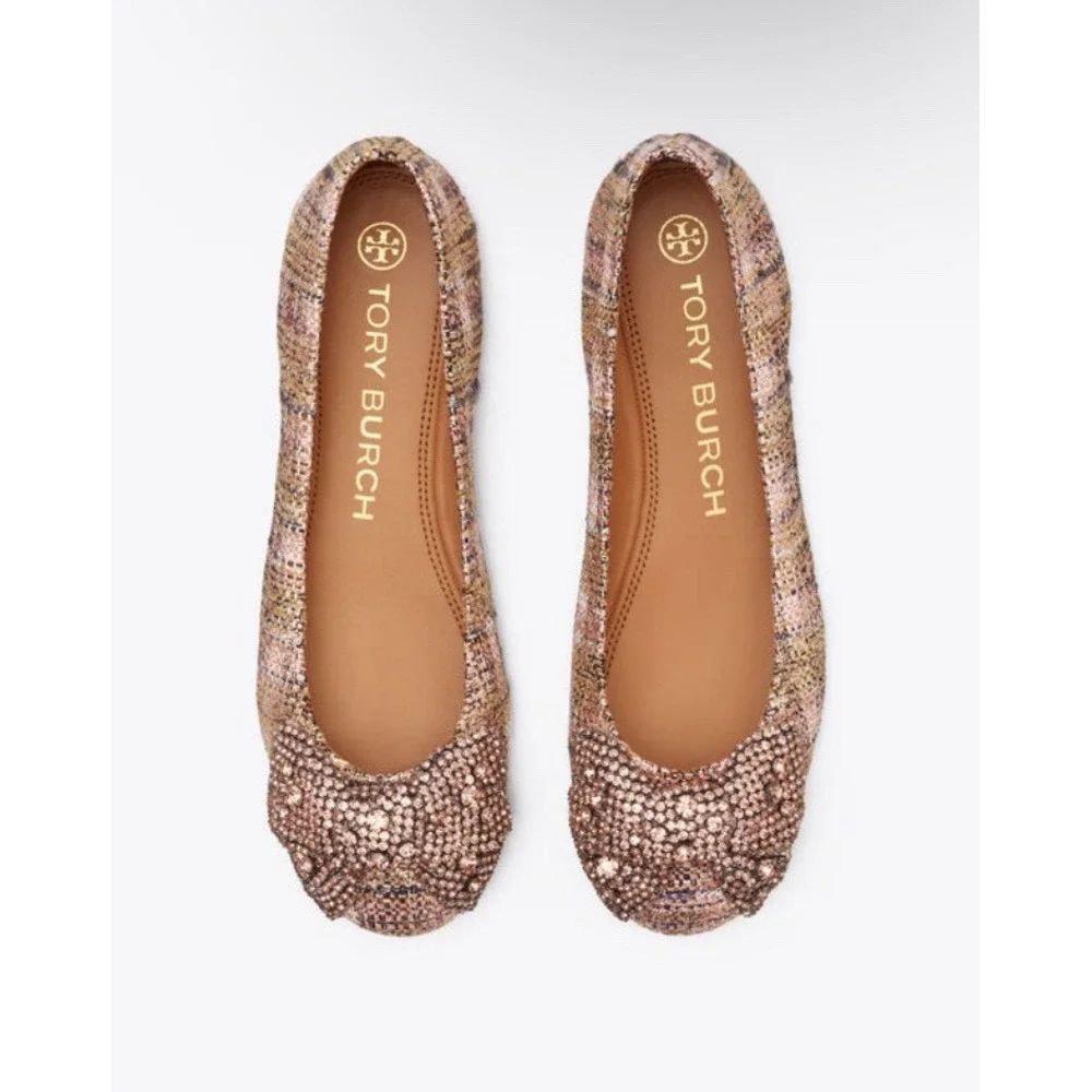 Tory Burch Crystal Bow Pink Tweed Ballet Flats Rose Gold Bronze Women's 5 $328